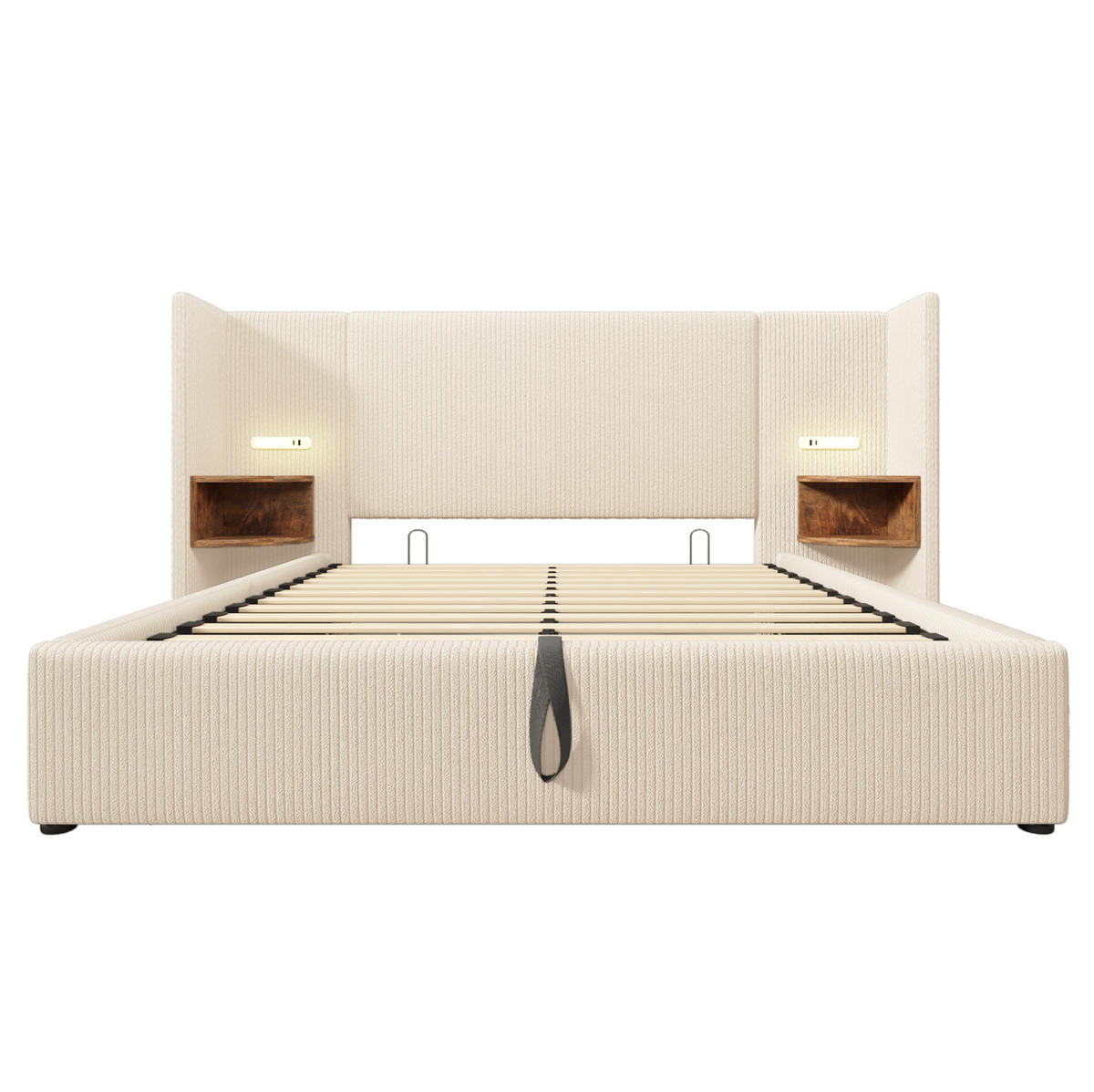ČALOUNĚNÁ postel 160/200 cm s čtecí lampou, USB a Type-C nabíjením, hydraulickým úložným prostorem, Béžová a bílá - béžová, textil (160/200cm) - Redom