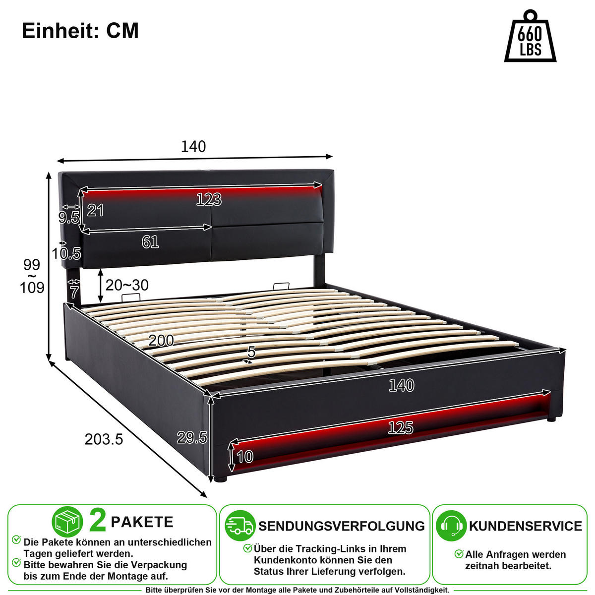 POLSTERBETT 140/200 cm in Schwarz mit Stauraum, LED und USB - Schwarz, Holzwerkstoff/Textil (140/200cm) - CHICFURN