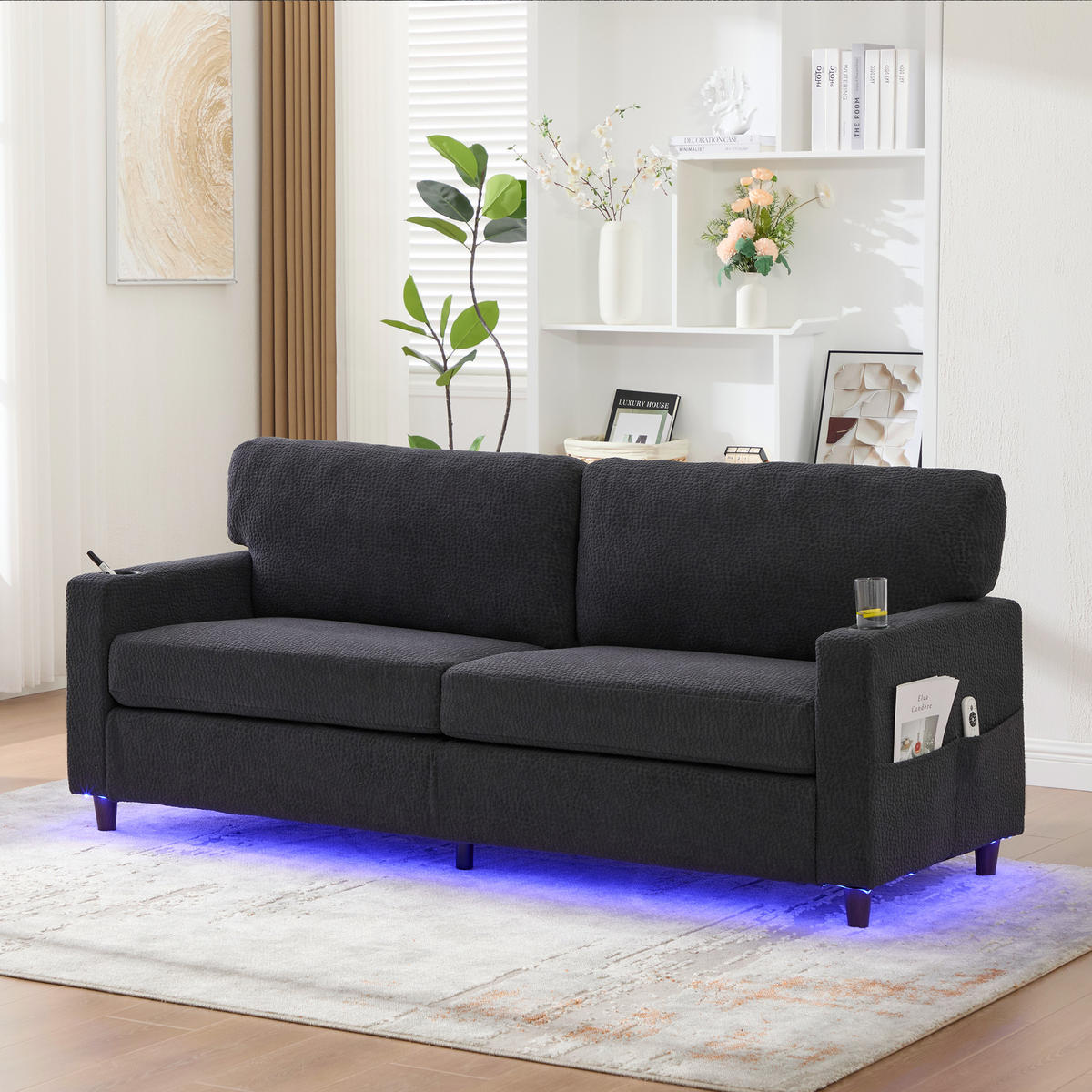 SOFA Zweisitzer Chenille dunkelgrau mit USB-C LED-Ambiente & Getränkehaltern 203/77,5/86 cm - Dunkelgrau, Textil (203/86/77.5cm) - OKWISH