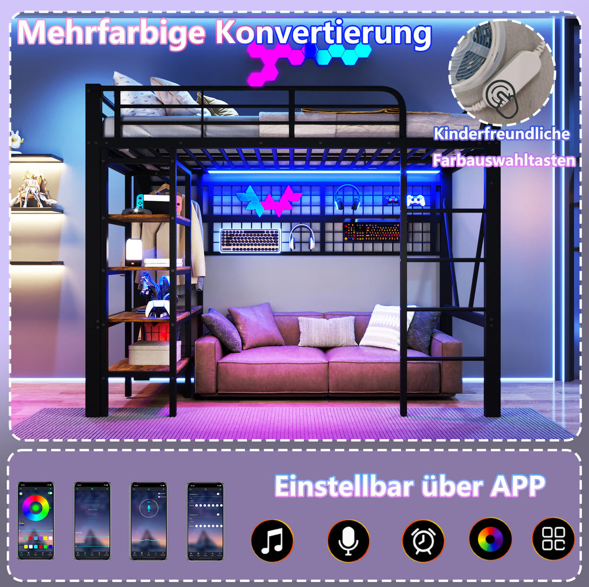 HOCHBETT 90/200 cm Schwarz aus Metall mit LED-Lichtleiste - Schwarz, Metall (90/200cm) - OKMYHOME