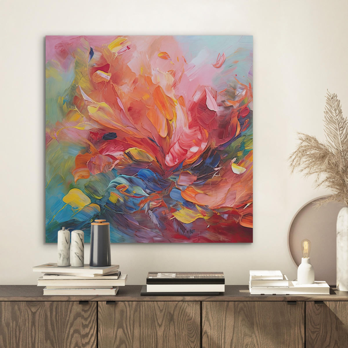 AKUSTIKBILD Ölgemälde - Kunst - Abstrakt - Farbenfroh Wandbilder 60x60 cm - Altrosa, Kunststoff (60/60/0.9cm) - MuchoWow