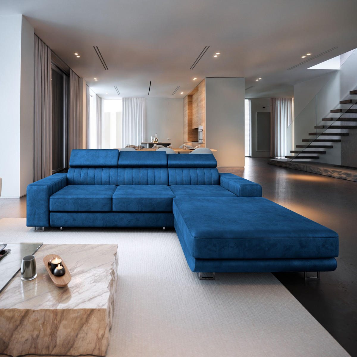 ECKSOFA NOTO R-S Blau Velours-Stoff mit Schlaffunktion - Blau, Holz (267/190cm) - MASSENO