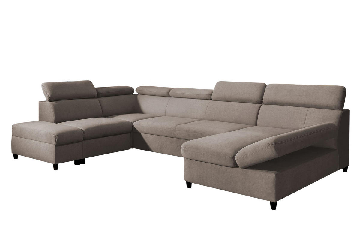 WOHNLANDSCHAFT Olettio Braun 342/205/96 cm – großes Sofa mit Schlaffunktion L - Schwarz/Braun, Holz/Textil (205/96/342cm) - AX Living