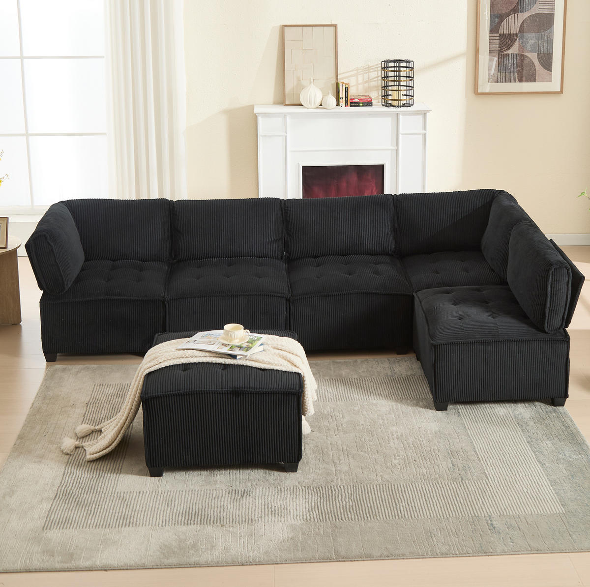 WOHNLANDSCHAFT Cord mit Seitentaschen 308/154/82 cm Schwarz - Schwarz, Kunststoff/Textil (154/82/308cm) - Redom
