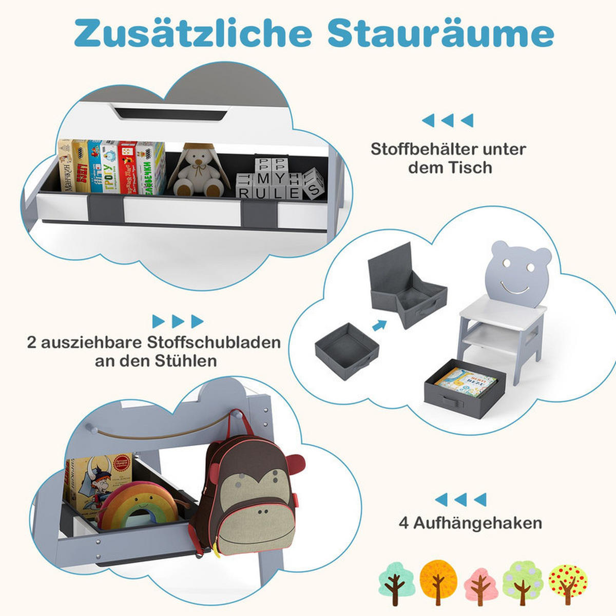 KINDERTISCH mit stuhl grau(3-tlg) - Grau, Holzwerkstoff (70/50/60.5cm) - COSTWAY