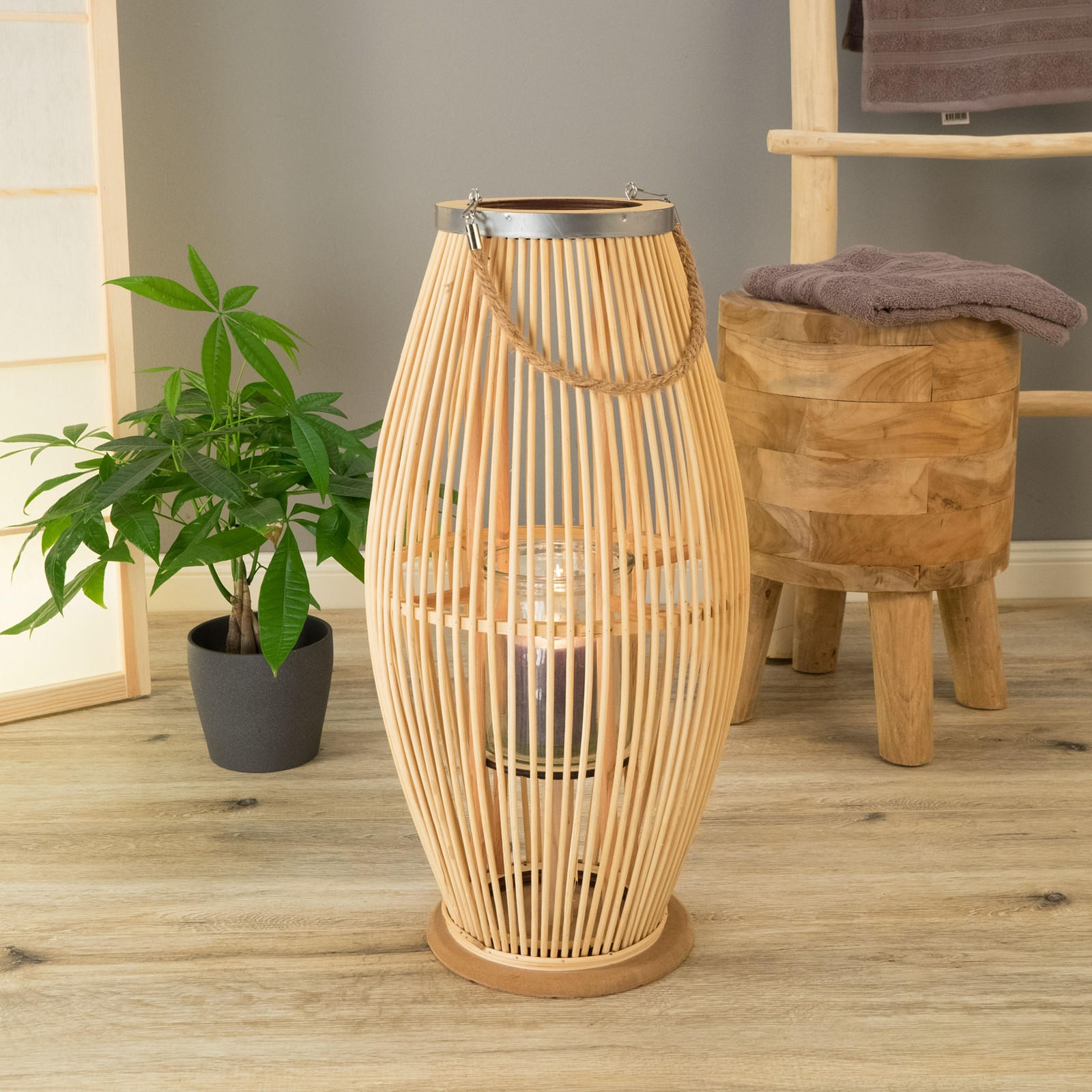 LATERNE Zya 60 Bambus, mit Henkel und Glaseinsatz naturfarben - Naturfarben, Holz (30/60/30cm) - CREEDWOOD