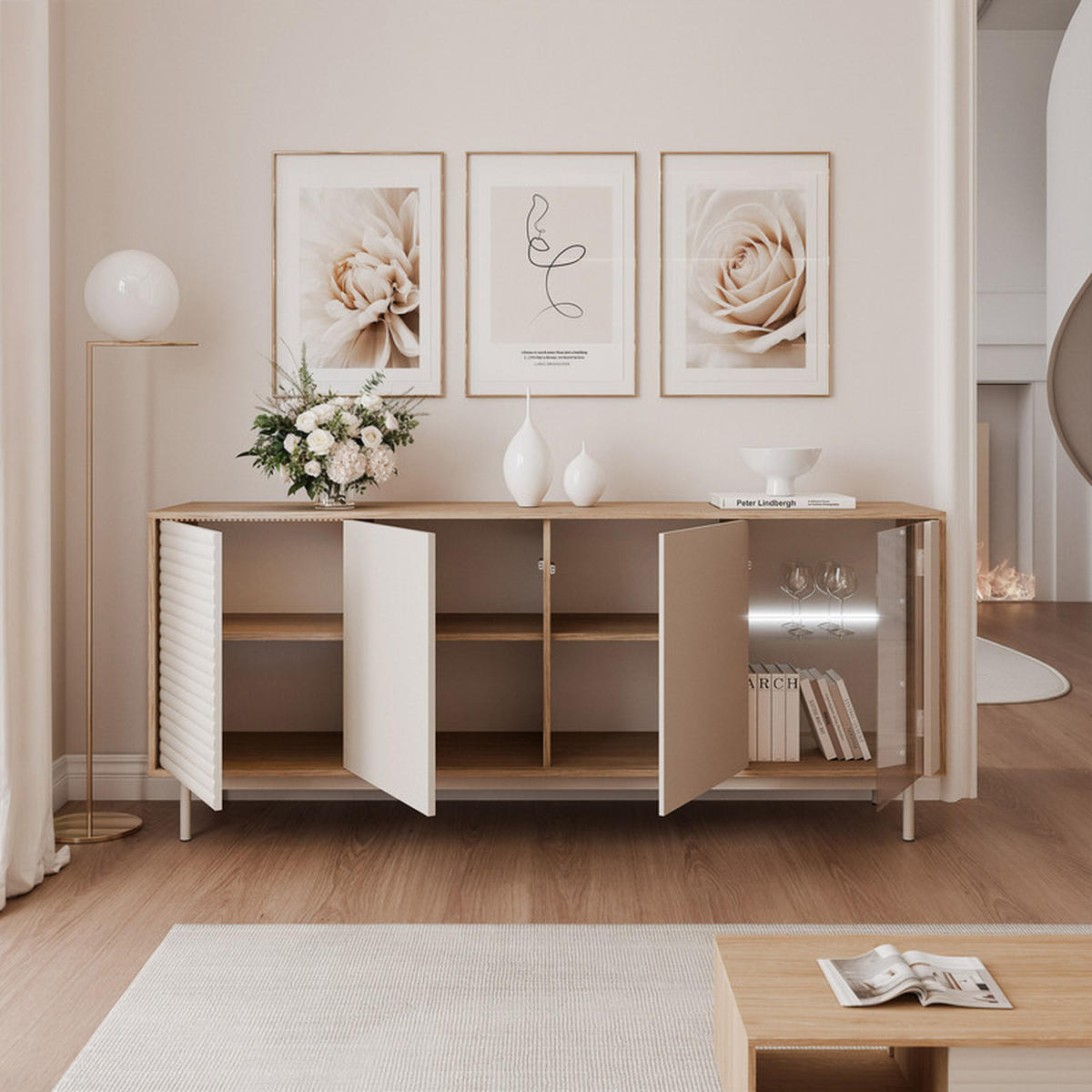KOMMODE LUSSO 184 cm, Eiche / Kaschmir - Eichefarben, Holzwerkstoff (184/77/40cm) - Idohome