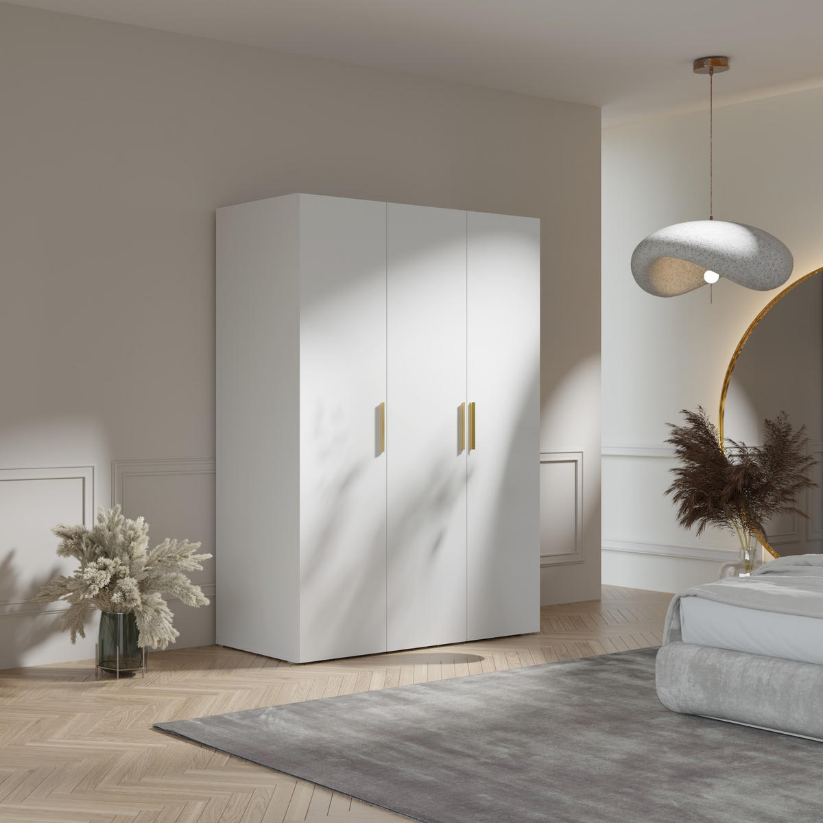 DREHTÜRENSCHRANK Napoli 3D 150 Weiß (schwarzer oder goldener Griff) - Silberfarben/Schwarz, Holzwerkstoff/Kunststoff (150/35/60cm) - mzm24