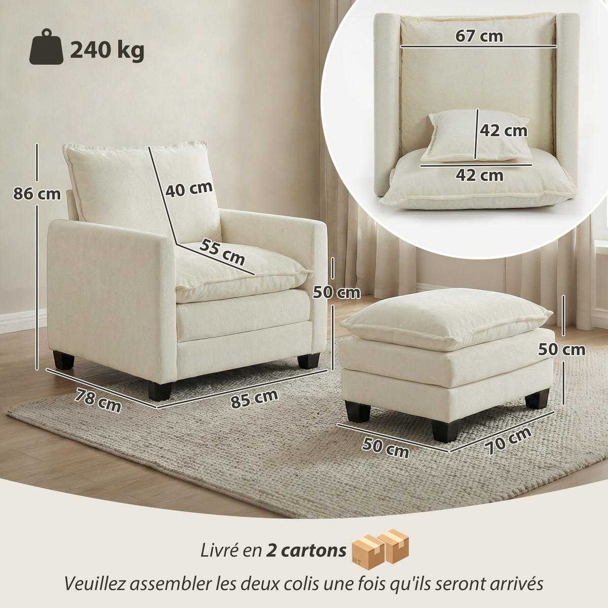 SESSEL DE-13505 mit Fußhocker, breite Sitzfläche, Chenille Creme - Creme, Textil (85/86/128cm) - ComfortXL