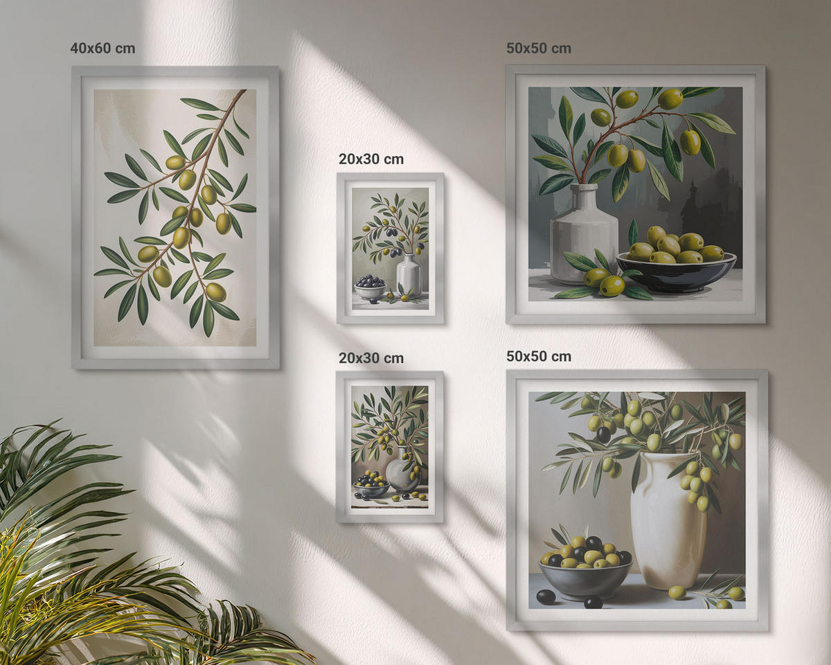 BILDER SET 5er Set - 50x50 cm & 20x30 cm & 40x60 cm Silberner Rahmen - Oliven in grauen Vasen - Silberfarben, Kunststoff (40/60cm) - TULUP