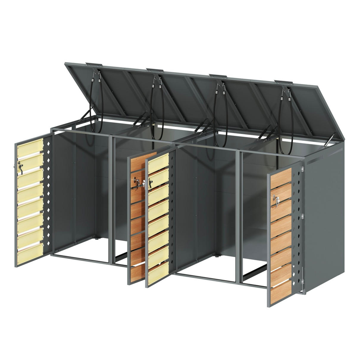 MÜLLTONNENBOX aus Stahl in Grau/Holzoptik mit hydraulischem Klappdeckel 264x80x118,5 cm - Grau, Metall (264/118.5/80cm) - Modfu