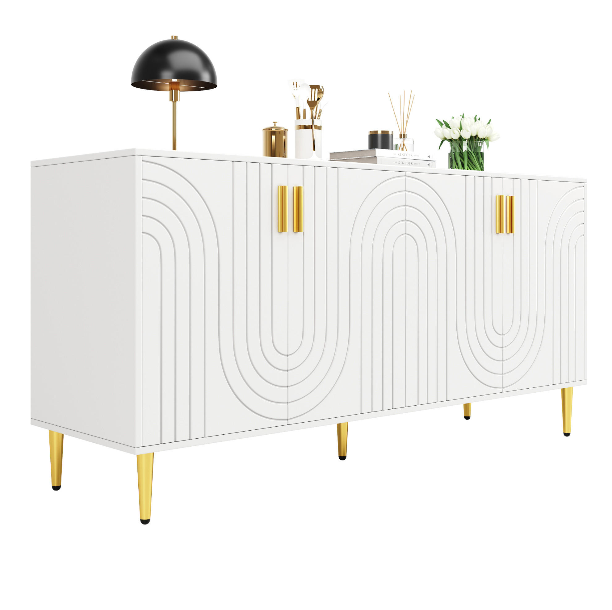 SIDEBOARD Weiß aus MDF mit Wellenfront und goldfarbenen Griffen, 152/40/75 cm, Weiß - Weiß, Holzwerkstoff (40/75/152cm) - Redom