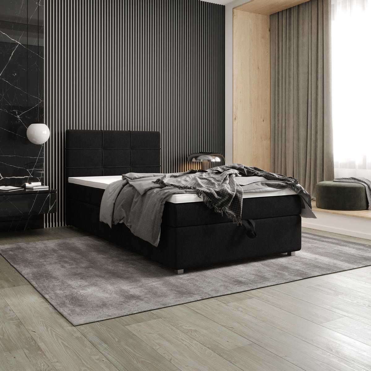 BOXBETT FADO 1 90x200, mit Matratze H3 und Topper, Cosmic 100 - Schwarz, Holz/Kunststoff (90/200cm) - Bedante