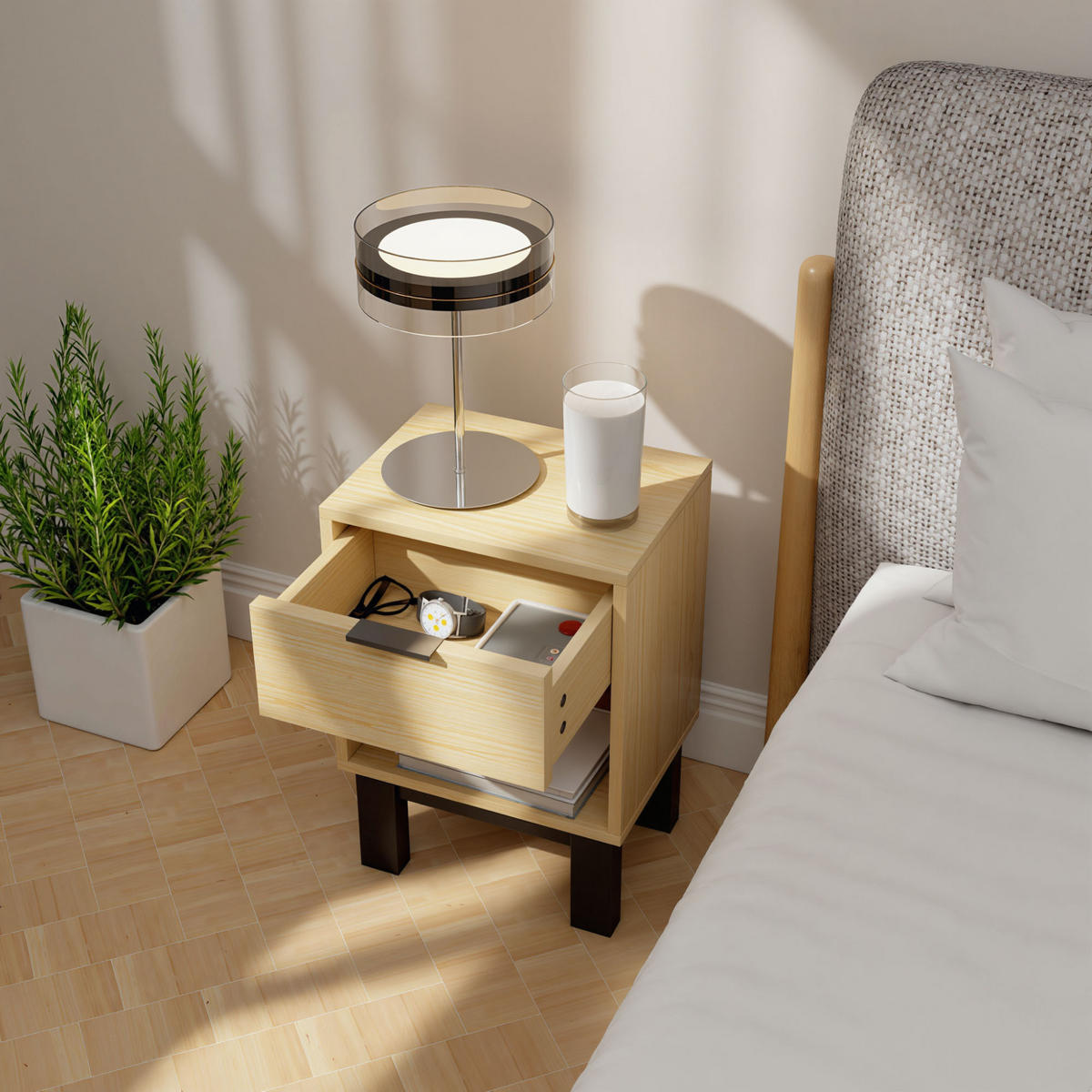 NACHTTISCH, Nachtschrank mit Schublade, offenes Fach Nachtkommode Eiche - Eichefarben/Schwarz, Holzwerkstoff (26/50/35cm) - HOMCOM