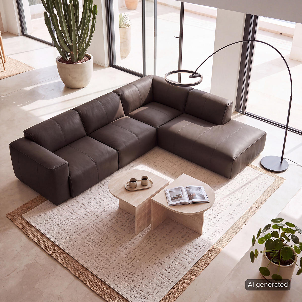 3-SITZER ECKSOFA mit Recamiere - Dunkelbraun/Schwarz, Leder/Kunststoff (295/231cm) - home24