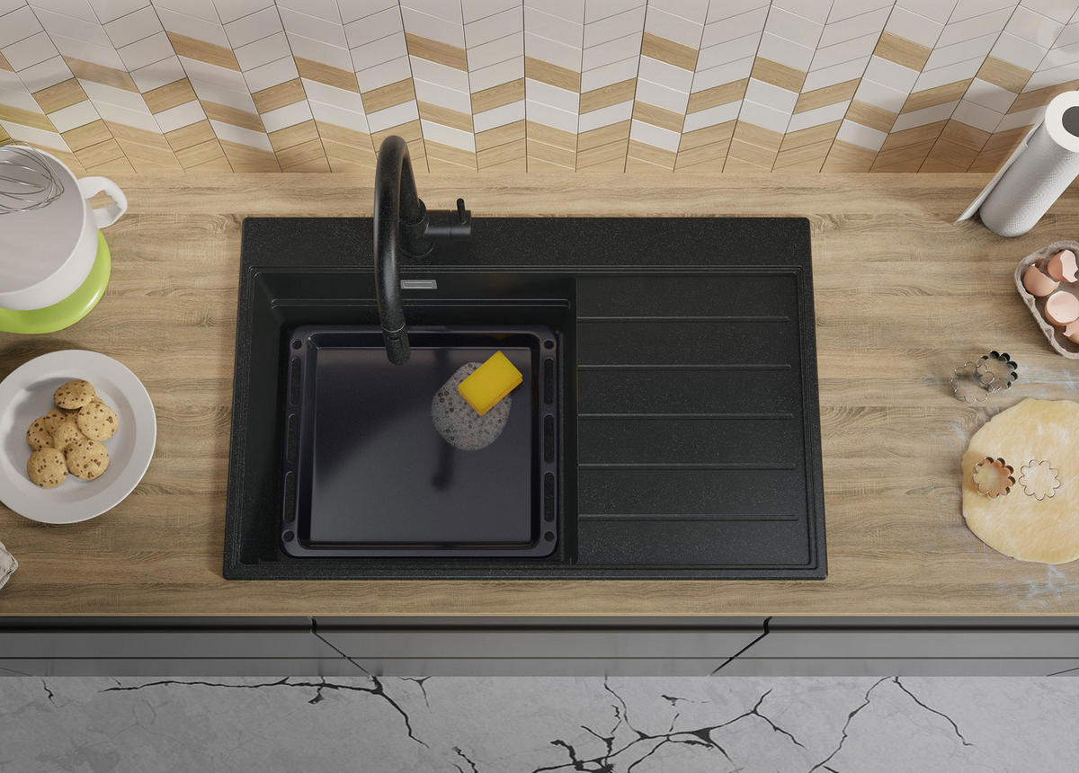 SPÜLBECKEN Sydney, 2-er set Anthrazit 78/50 cm 1 Becken + Ablauf-Set + Küchenzubehörset ab 50er Unterschrank - Chromfarben/Anthrazit, Kunststoff (78/20/50cm) - Primagran