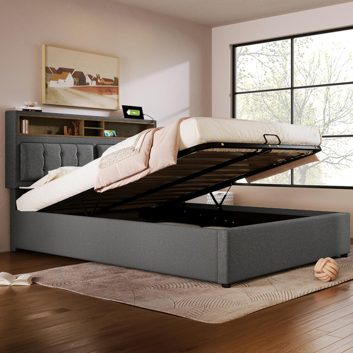 POLSTERBETT aus Leinen 160x200 cm in Grau mit USB-C & Steckdosen - Grau, Textil (160/200cm) - Modfu