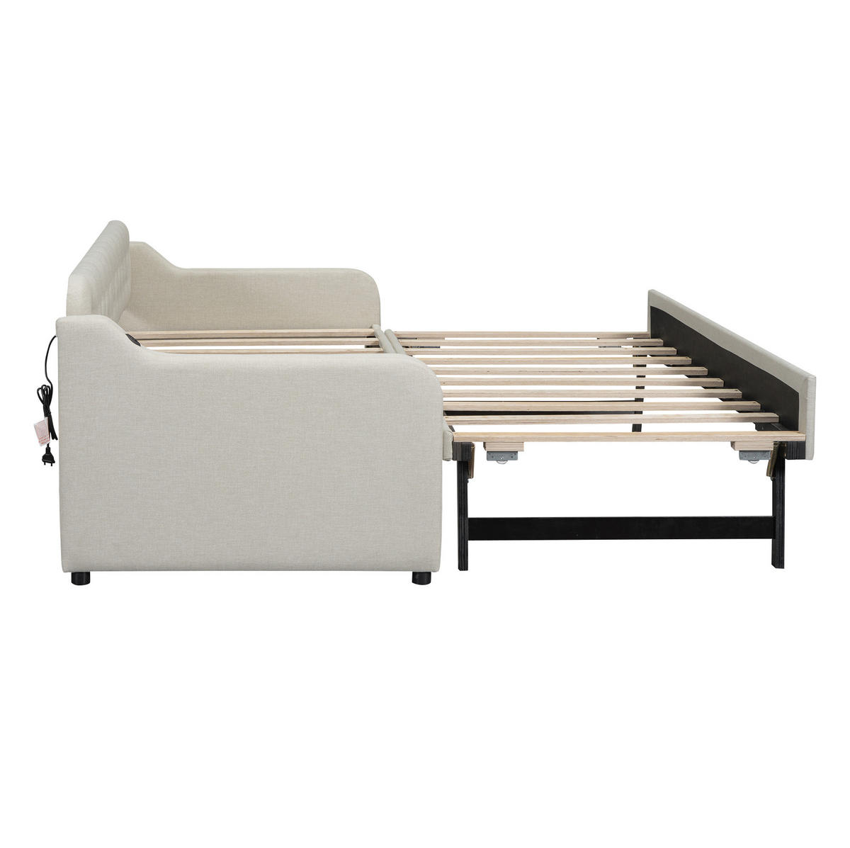 TAGESBETT 90/200 cm mit ausziehbarem Rollbett und USB-Anschluss, Beige - Beige, Textil (90/200cm) - Redom