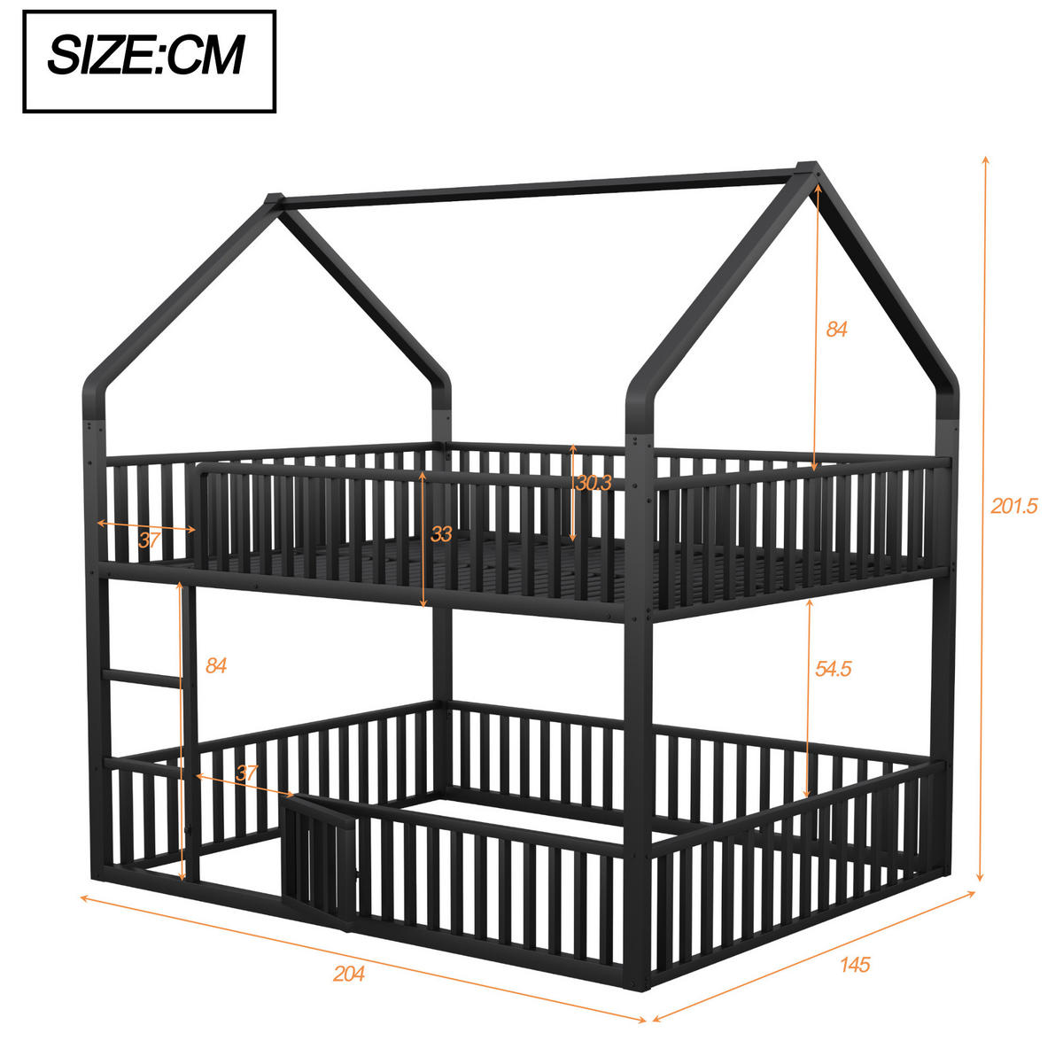 ETAGENBETT 140/200 cm schwarz mit Hausdesign und Sicherheitsgeländern - Schwarz, Metall (140/200cm) - OKWISH