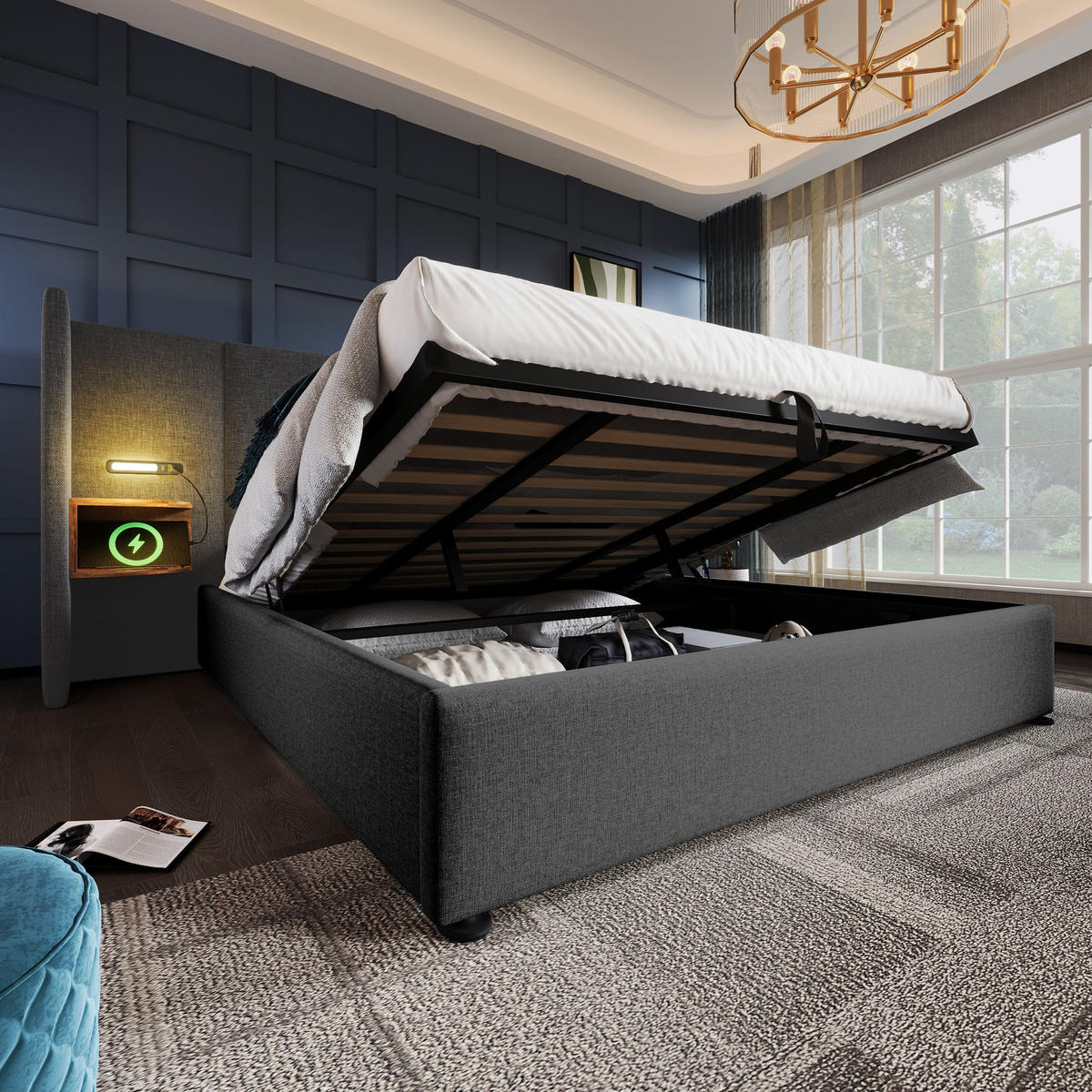 POLSTERBETT 180/200 cm Grau mit Stauraum und Leselampe mit USB-Anschlüssen - Grau, Textil (180/200cm) - OKWISH