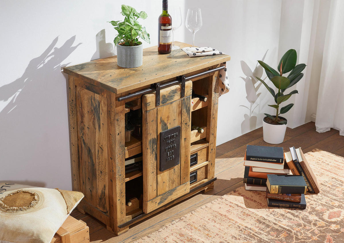 WEINKOMMODE Mango 80x40x82 natur lackiert RAILWAY #140 - Braun, Holz (80/82/40cm) - Massivmoebel24