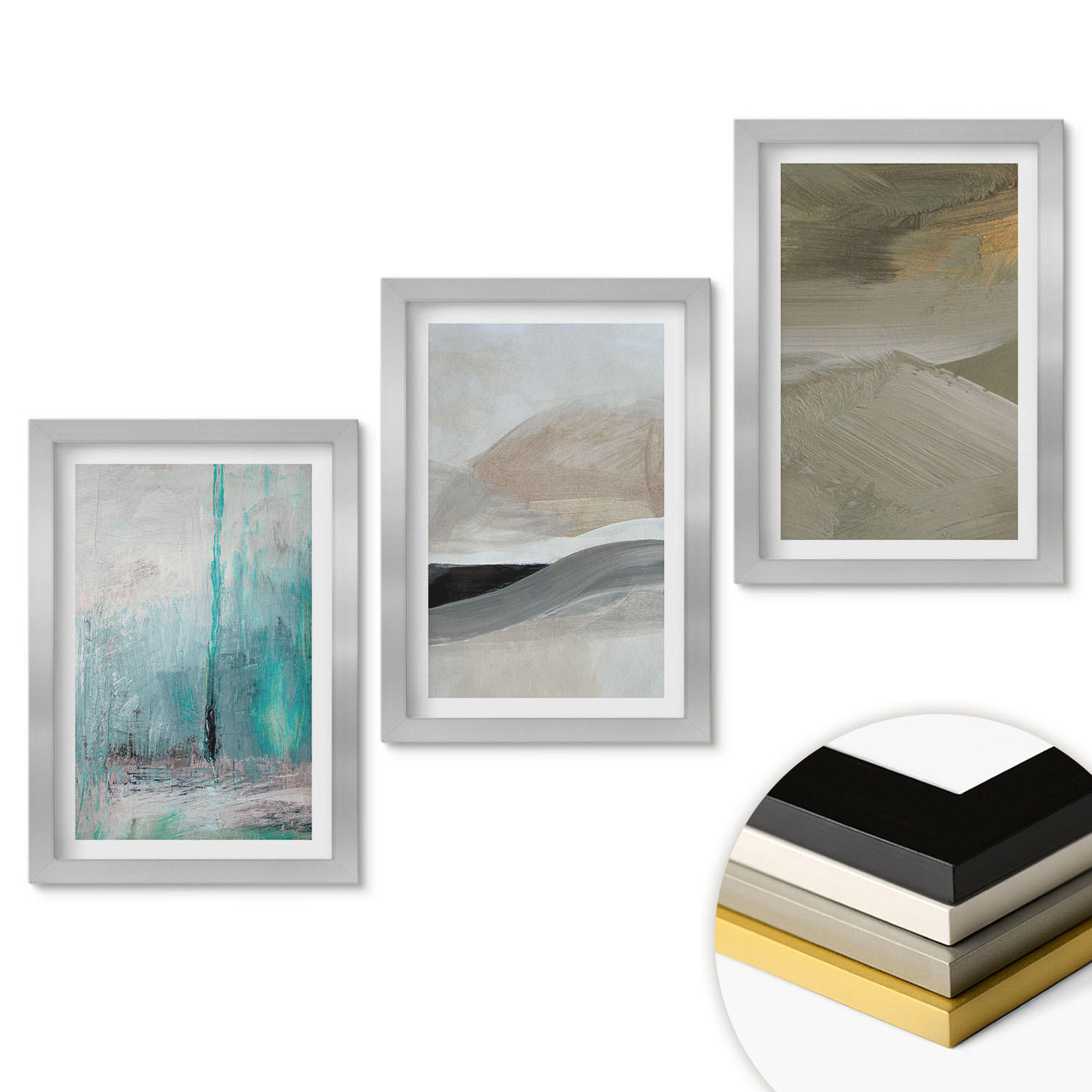 WANDBILDER 3er Set - 20x30 cm Silberner Rahmen - Gemalte abstrakte Dekorationen - Silberfarben, Kunststoff (20/30cm) - ArtPrintCave