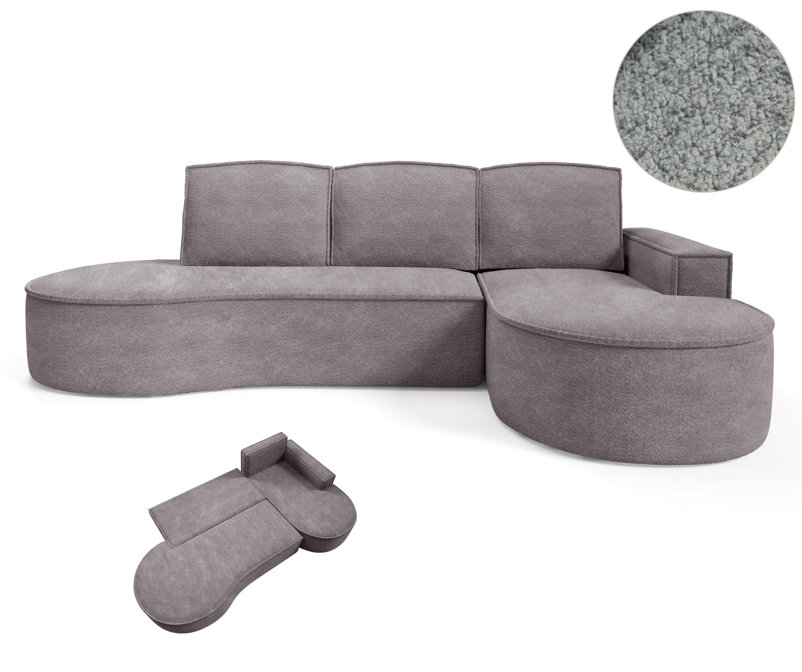 ECKSOFA MOLLY mit Schlaffunktion – Halbrund, freistehend, Liegefläche 140x207 cm, 3 Kissen, Curio-Stoff, 277x157x88 cm, Rechts, Grau Seide - Hellgrau, Holz/Textil (277/157cm) - DomoHome