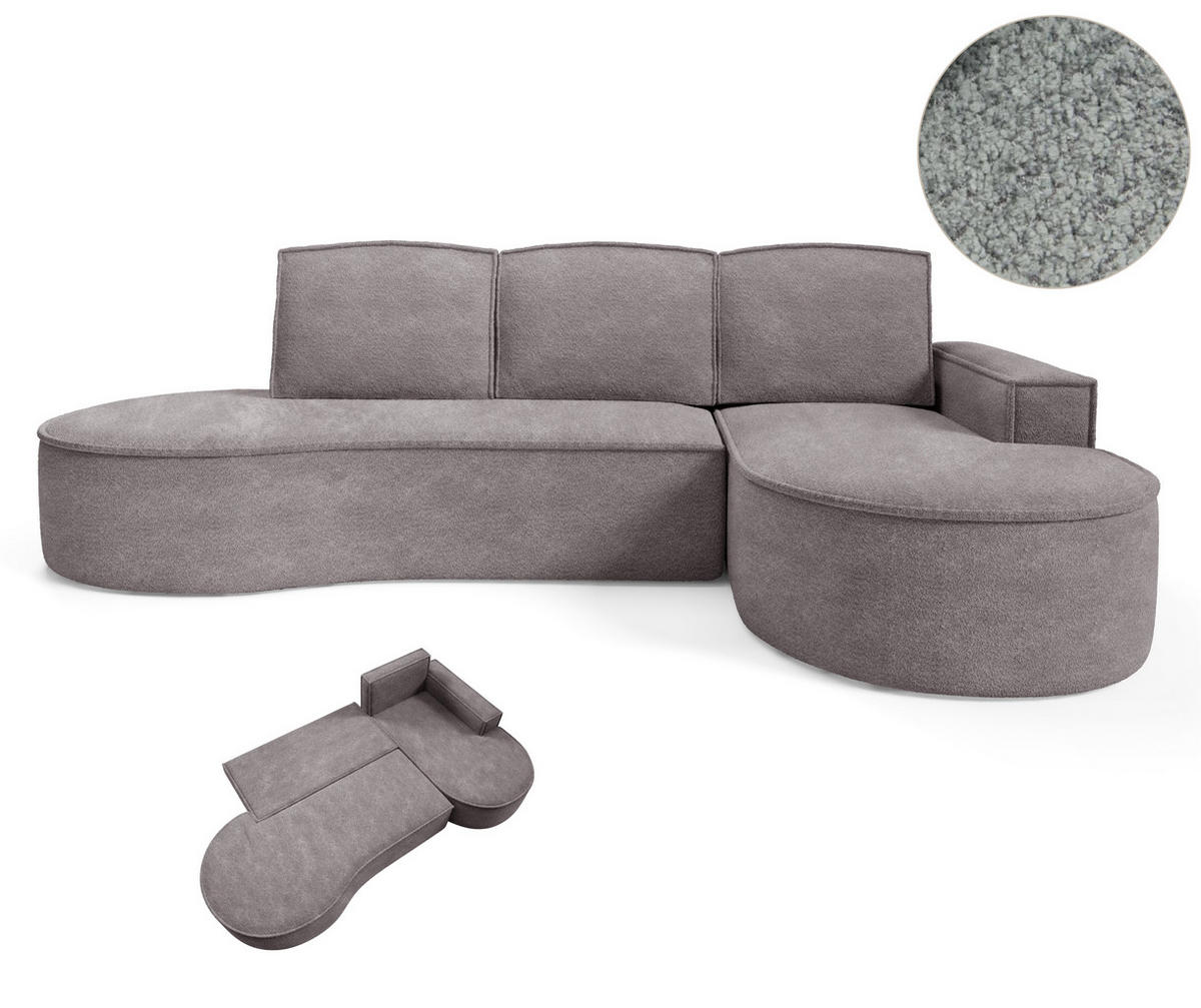 ECKSOFA MOLLY mit Schlaffunktion – Halbrund, freistehend, Liegefläche 140x207 cm, 3 Kissen, Curio-Stoff, 277x157x88 cm, Rechts, Grau Seide - Hellgrau, Holz/Textil (277/157cm) - DomoHome