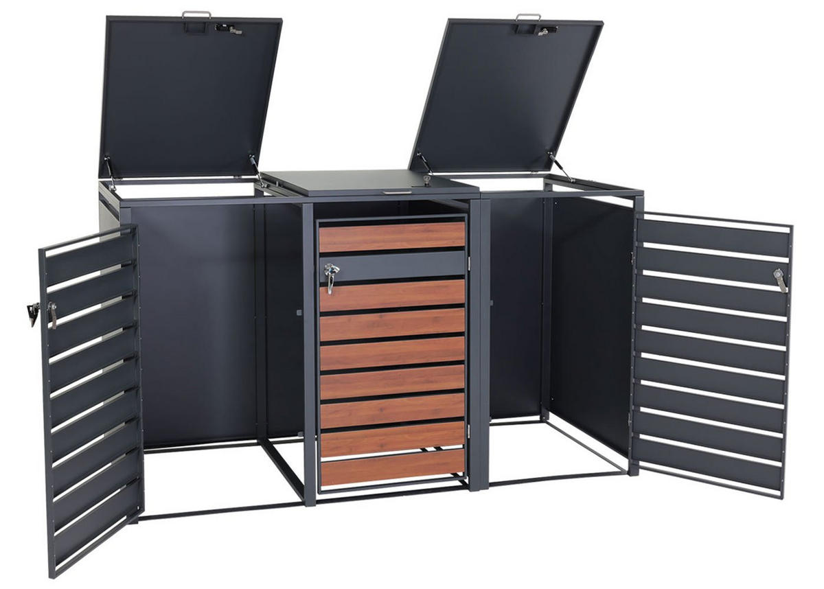 MÜLLTONNENBOX 3er/6er XL 117x215x98cm Metall 95kg Anthrazit Kirsche-Holzoptik Dunkelbraun - Kirschbaumfarben, Metall (215/117/98cm) - PROREGAL
