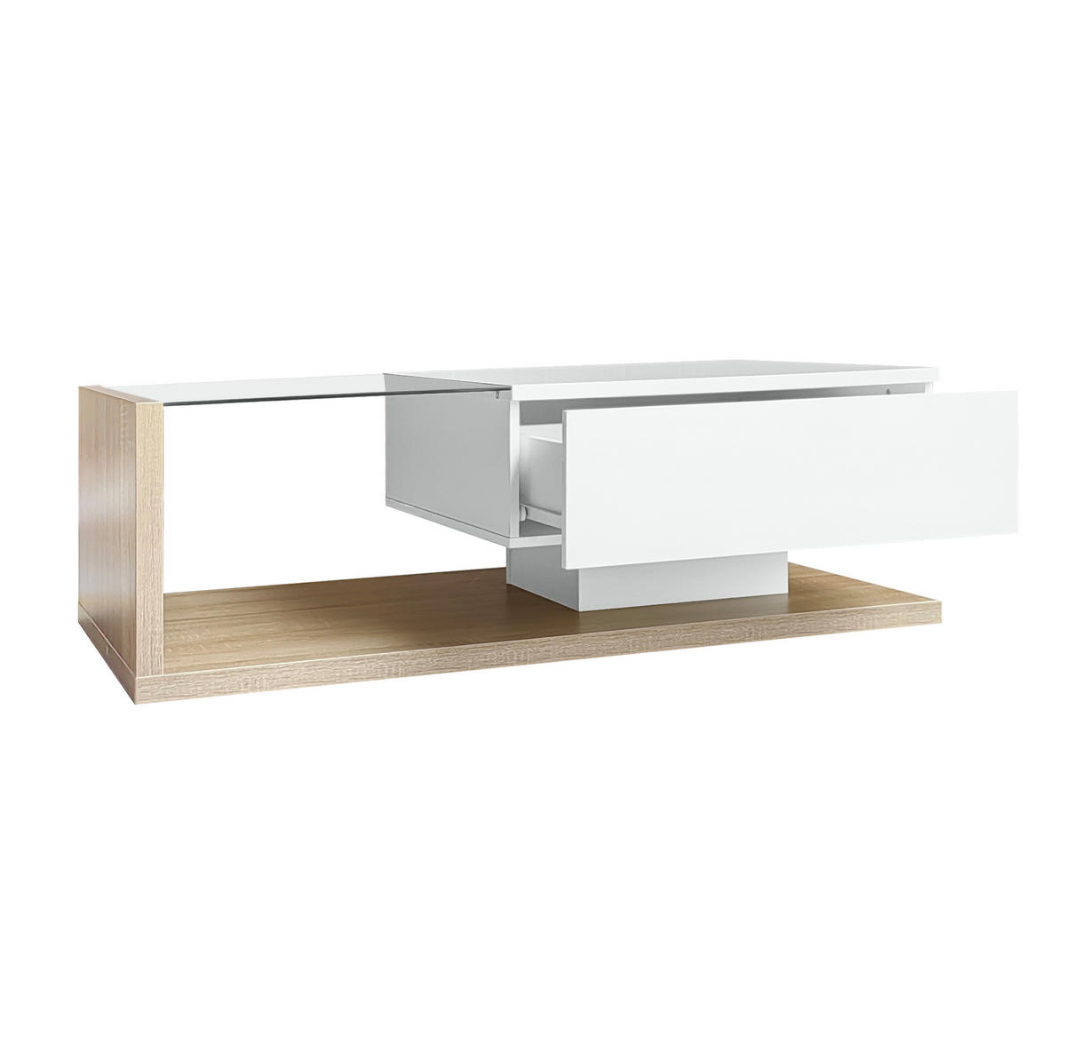 COUCHTISCH aus Spanplatte 105x55x32,5 cm Weiß in Holzoptik mit Glasplatte und LED-Beleuchtung - Naturfarben, Holzwerkstoff (105/55/32.5cm) - IVMEU