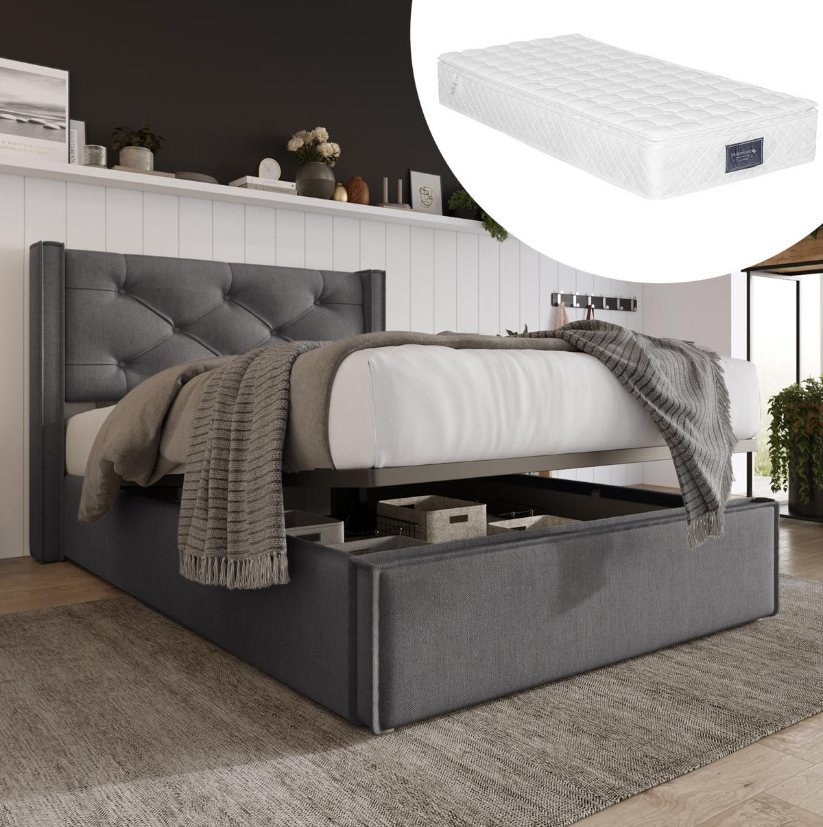 BETT mit Bettkasten 90x200 cm Baumwolle Grau inkl. Matratze - Grau, Metall (90/200cm) - Meubliv