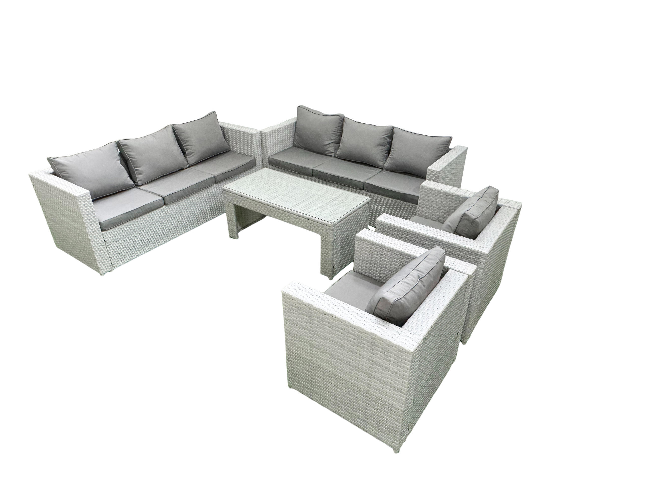 GARTENSOFA hohe Rückenlehne Polyrattan Hellgrau-Mix 8-Sitzer - Hellgrau/Grau, Glas/Kunststoff - Fimous
