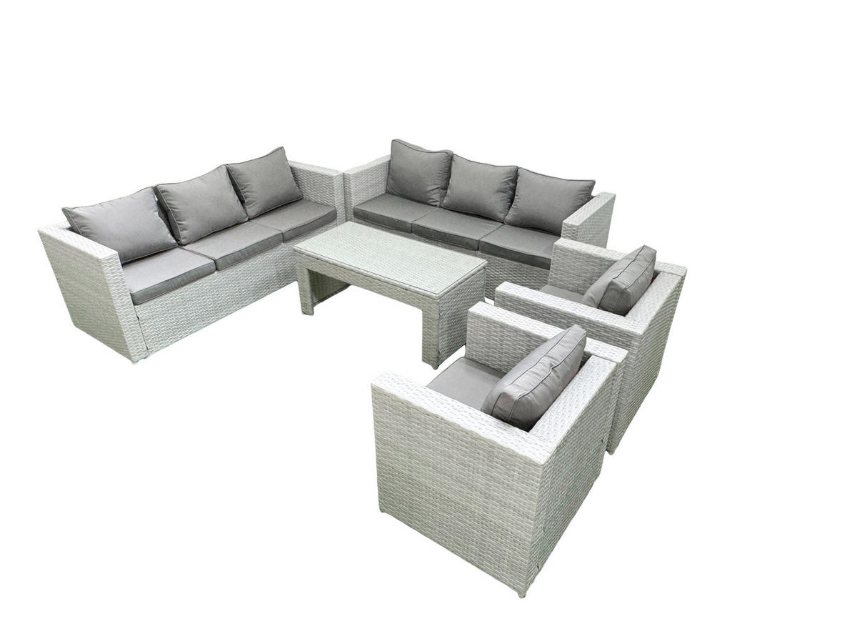 GARTENSOFA hohe Rückenlehne Polyrattan Hellgrau-Mix 8-Sitzer - Hellgrau/Grau, Glas/Kunststoff - Fimous