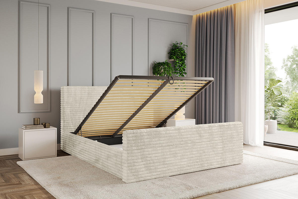 POLSTERBETT mit Bettkasten, Fußteil und Lattenrost, Boxbett mit Matratze H3/H4 - ALOVA-Z 180x200 Beige - Beige, Holzwerkstoff/Textil (180/200cm) - ALTDECOR