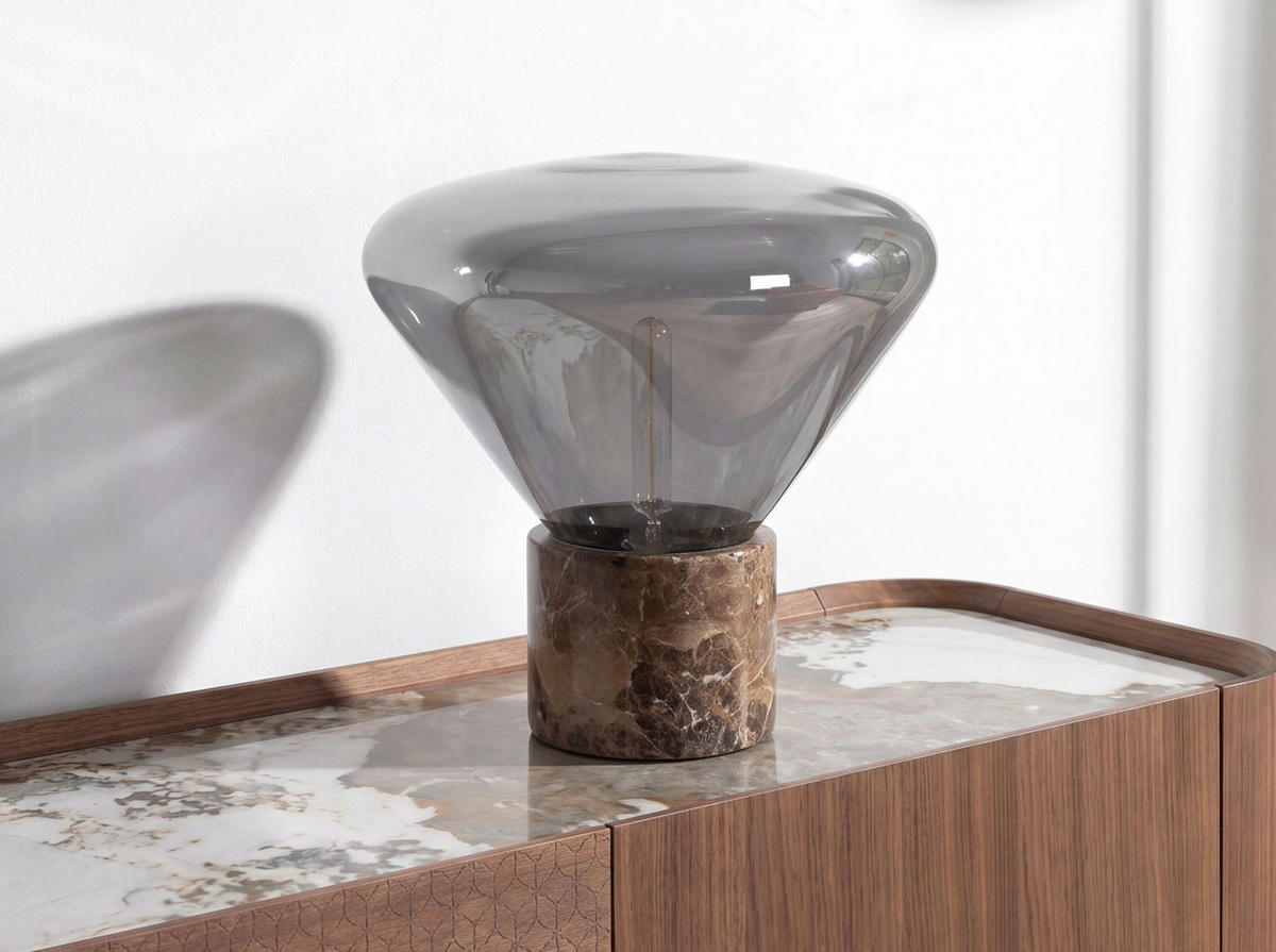TISCHLEUCHTE aus grauem Rauchglas mit Spiegeleffekt und Keramikmarmor Ø36/38 cm - Braun, Keramik (36/36/38cm) - The Lumine