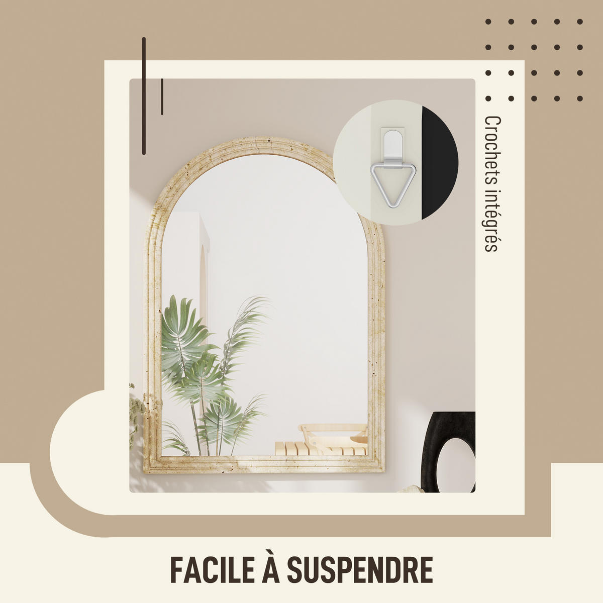 WANDSPIEGEL DE-14377 mit Bogenform und gerilltem Rand Beige - Beige, Kunststoff (50/70/2cm) - ComfortXL