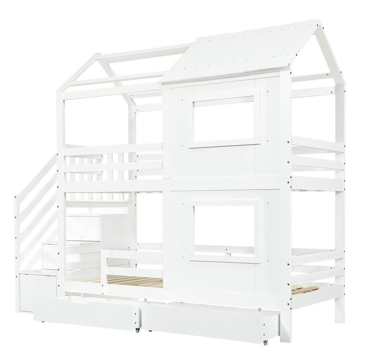 ETAGENBETT mit Treppenschrank und Schublade 90x200 cm Kiefer/MDF Weiß - Weiß, Holzwerkstoff (90/200cm) - Beauniv