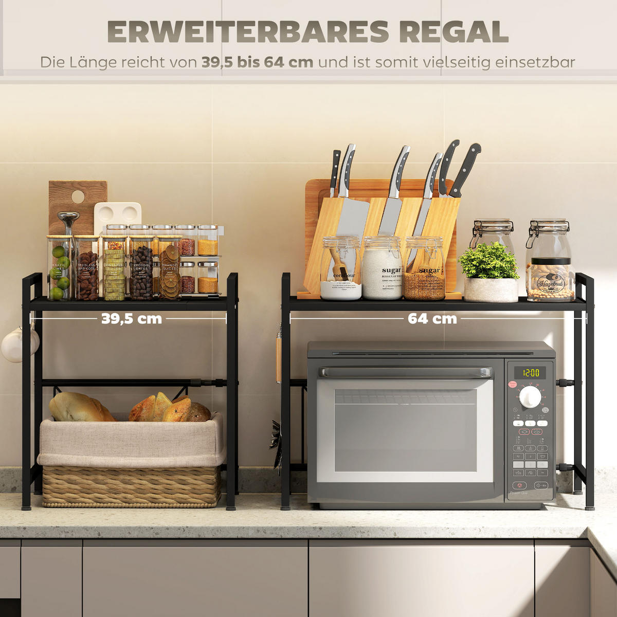 MIKROWELLENREGAL, Schwarz - Schwarz, Metall (32/47.5/64cm) - HOMCOM