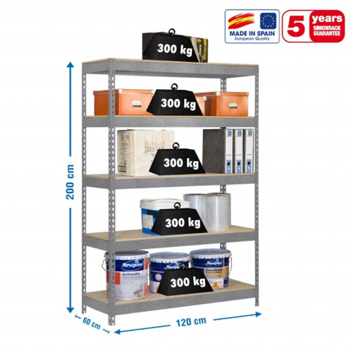 SCHWERLASTREGAL WOOD YETI LIGHT FIVE | HxBxT 200x120x60cm | Fachlast 300kg | Verzinkt - Silberfarben, Metall (120/200/60cm) - PROREGAL