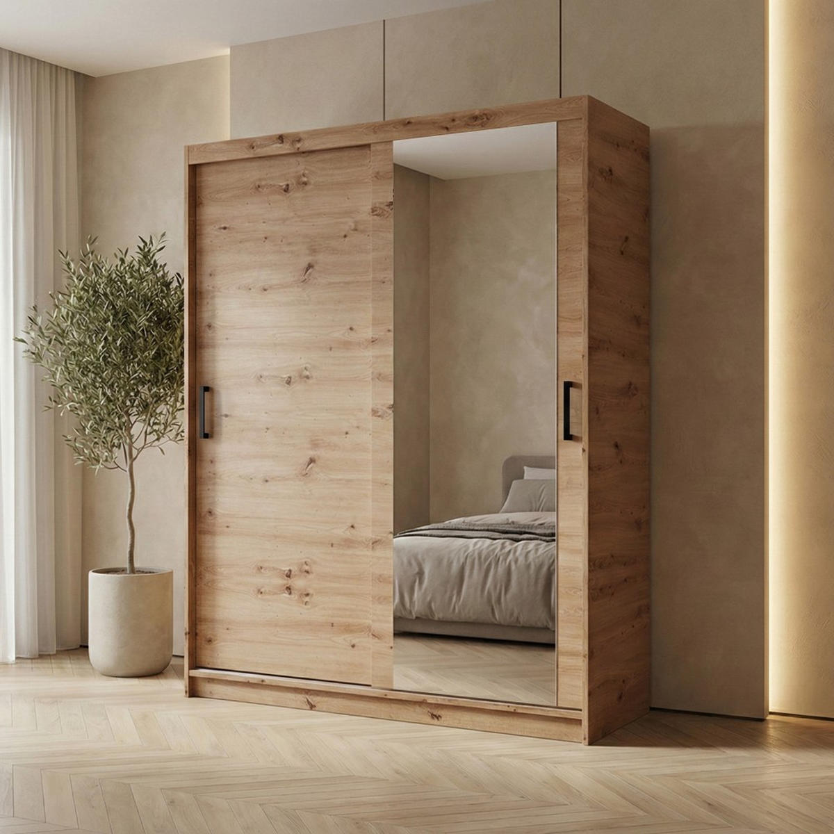 SCHWEBETÜRENSCHRANK Hela 160/205/60 2-türig eiche Artisan mit Spiegel - Eiche Artisan, Holzwerkstoff (160/205/60cm) - Beautysofa