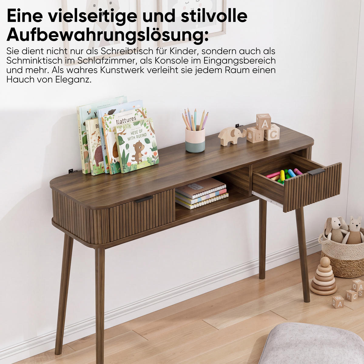 KONZOLOVÝ STOLEK Mid-century se 2 zásuvkami, ořechový dekor - barva vlašského ořechu, kompozitní dřevo (35/120/77.6cm) - Urban Meuble