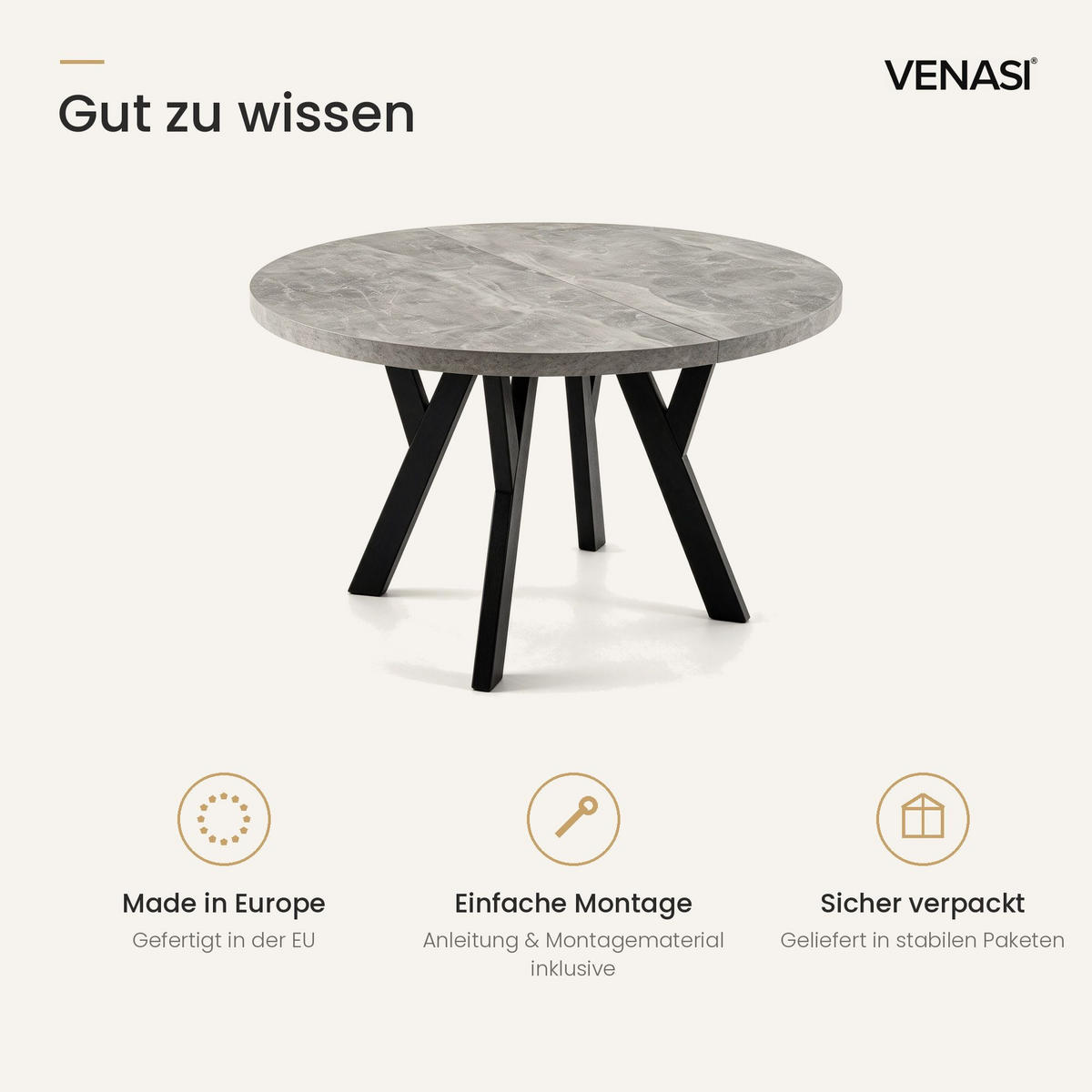 ESSTISCH ausziehbar rund 90-190 cm ATO Beton, Auszugstisch mit Einlegeplatte - Schwarz/Grau, Holzwerkstoff (90/90/77cm) - VENASI MÖBEL