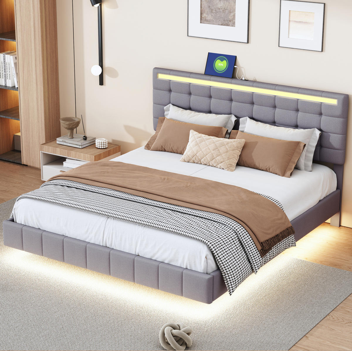 POLSTERBETT aus Leinenstoff 160x200 cm Grau mit LED-Beleuchtung, schwebender Optik und gepolstertem Kopfteil - Grau, Textil (160/200cm) - Modfu