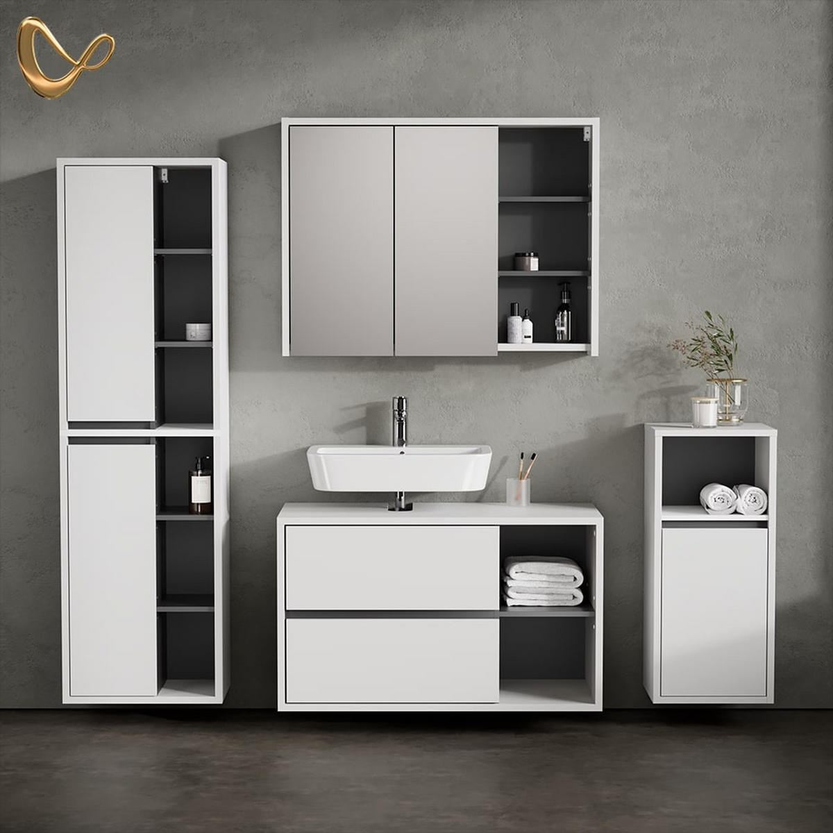 BADMÖBEL-SET Vomano Weiß 4 Teile - Anthrazit/Weiß, Holzwerkstoff (45/100/60cm) - Livinity®