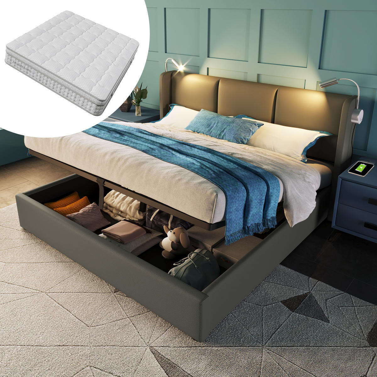 STAURAUMBETT 160/200 cm DE-32539 mit Leselicht und Matratze Grau - Grau, Metall (160/200cm) - ComfortXL