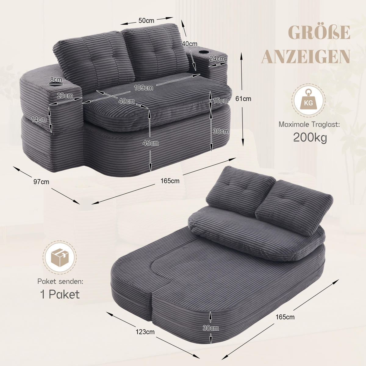 SOFA 2-in-1 mit Liegefunktion und Getränkehaltern aus Cord Dunkelgrau - Dunkelgrau, Textil (165/61/97cm) - EVRYAE