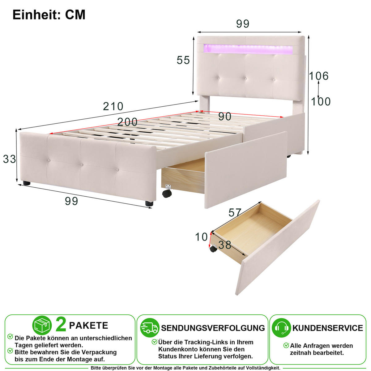 POLSTERBETT 90/200 cm in Beige mit 2 Schubladen und LED Stoff - Beige, Holzwerkstoff/Textil (90/200cm) - CHICFURN