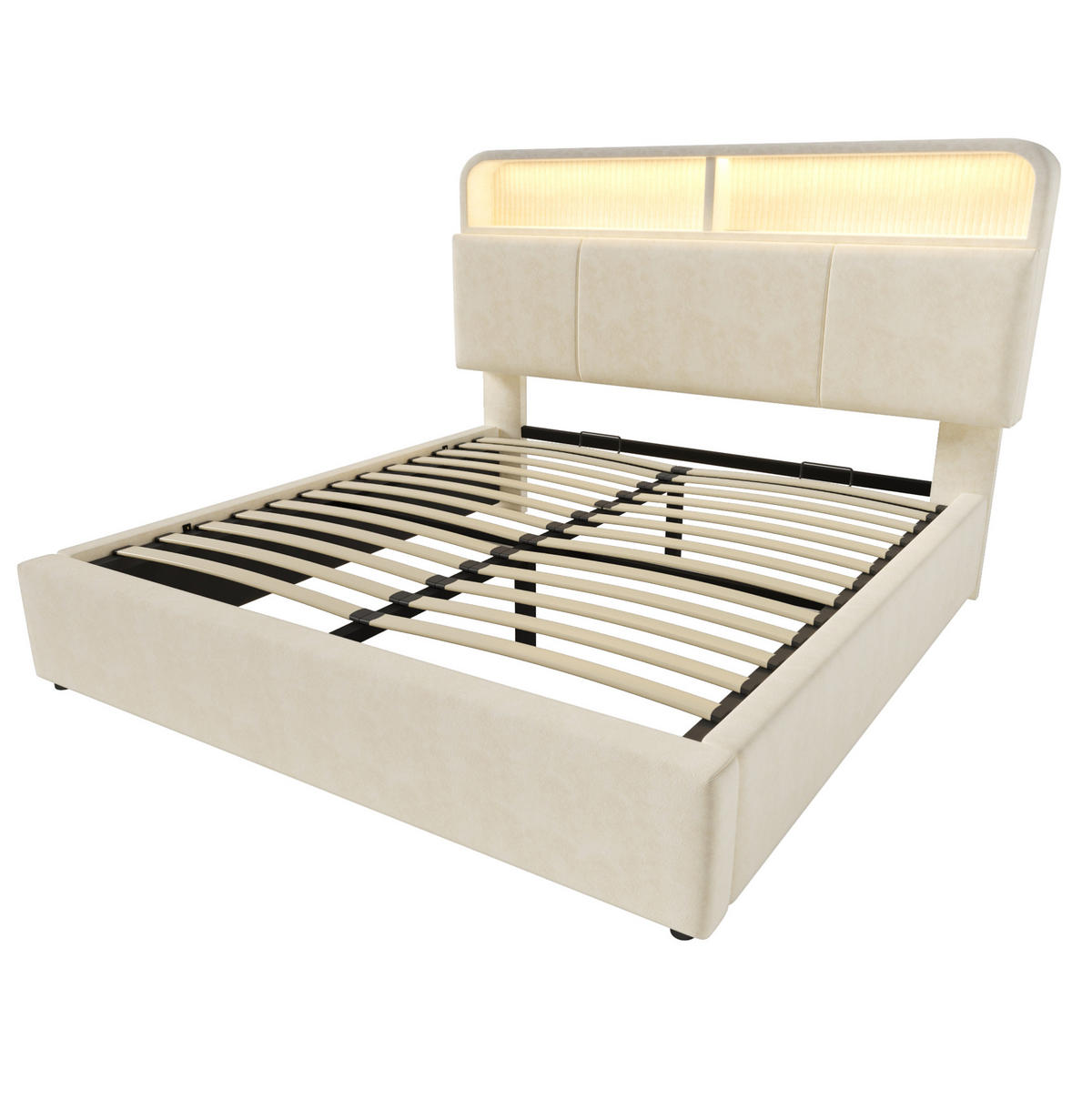 POLSTERBETT 140/200 cm Beige aus Samt mit LED und Ladestation - Beige, Textil (140/200cm) - OKMYHOME