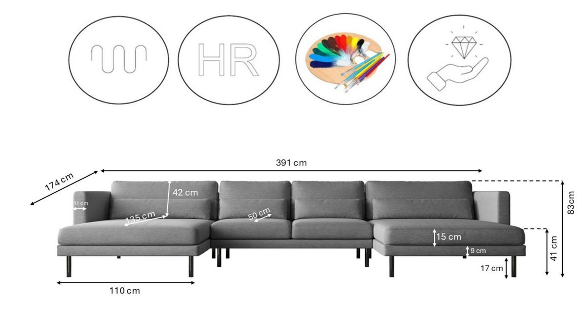 ECKSOFA DANI In U-Form Stilvolles Stoff Verita Stahl - Silberfarben, Holz/Textil (174/391cm) - Kaiser Möbel