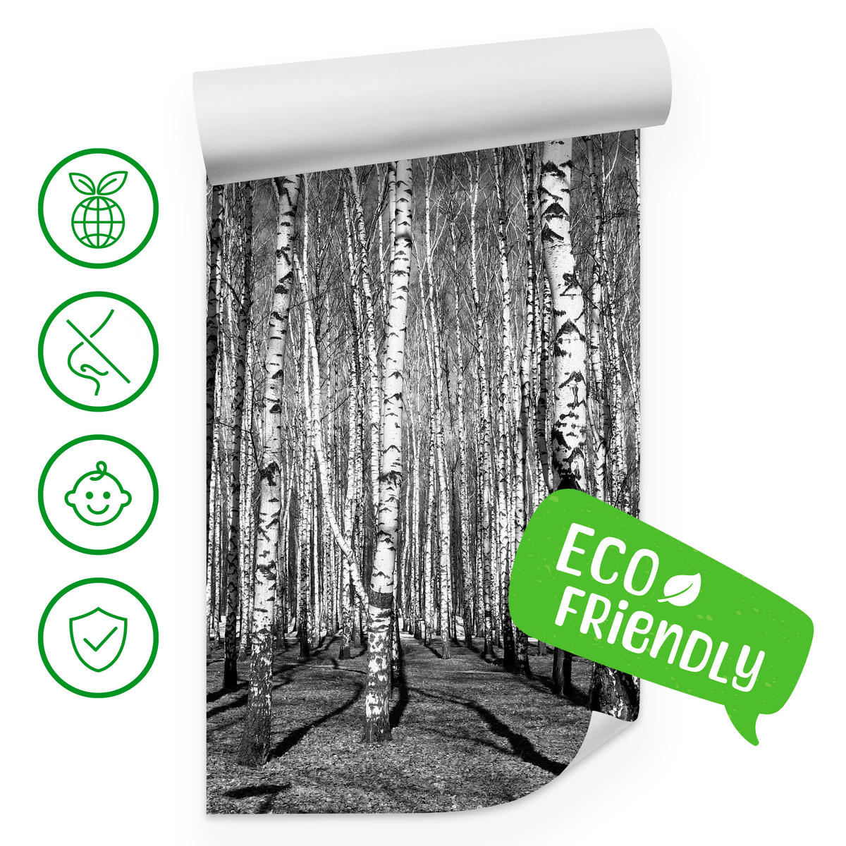 FOTOTAPETE für Wohnzimmer Birkenwald Schwarz-Weiß Minimalistisch 200x140 - Schwarz/Weiß, Papier (200/140cm) - Muralo